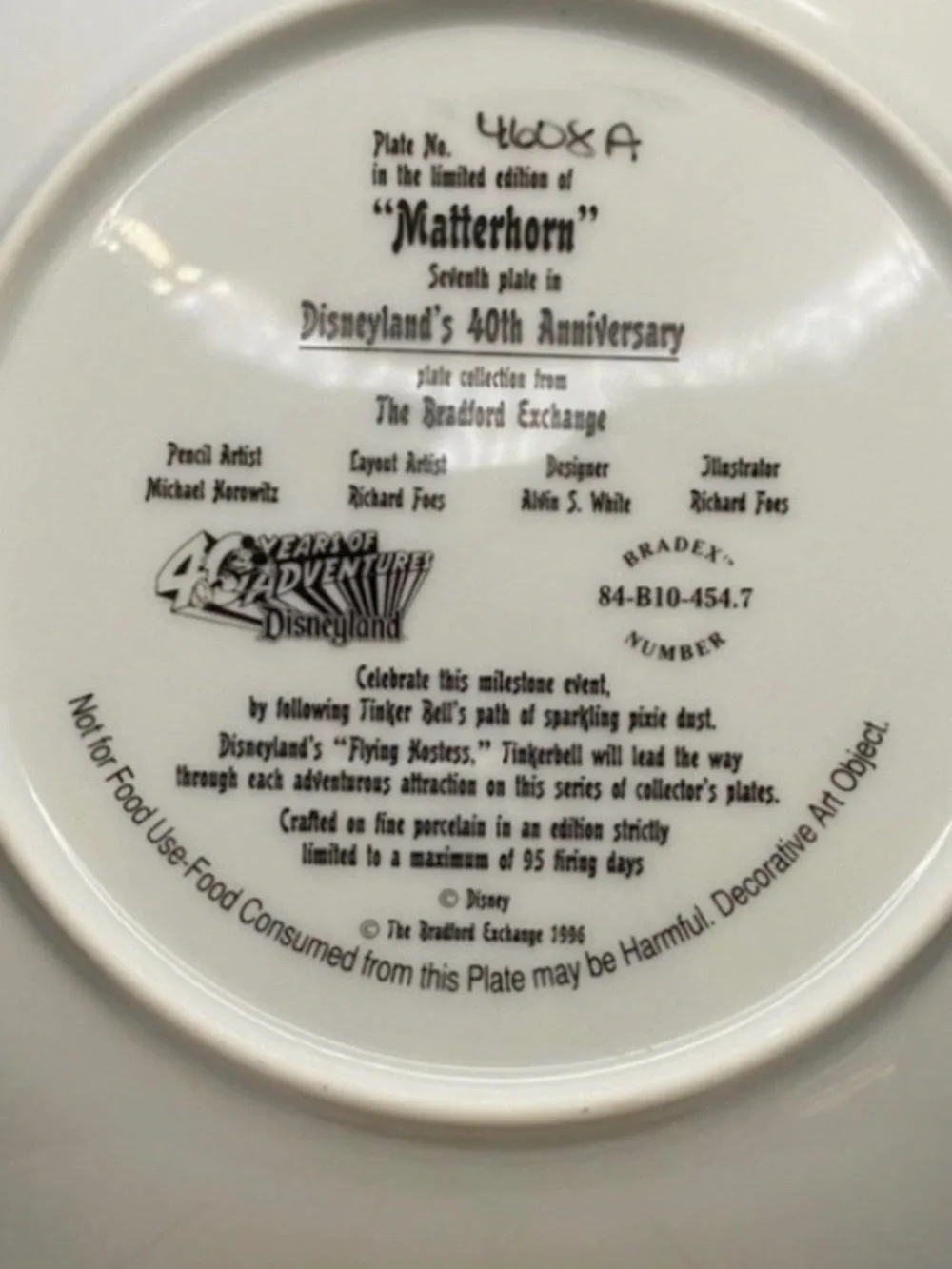 Disneyland 40th Anniversary Matterhorn Collector Plate Bradford Exchange 1996
